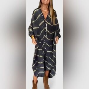 SAMBERULE Amelie Boho Tie Dye Striped Maxi Dress Navy Cream S NWOT